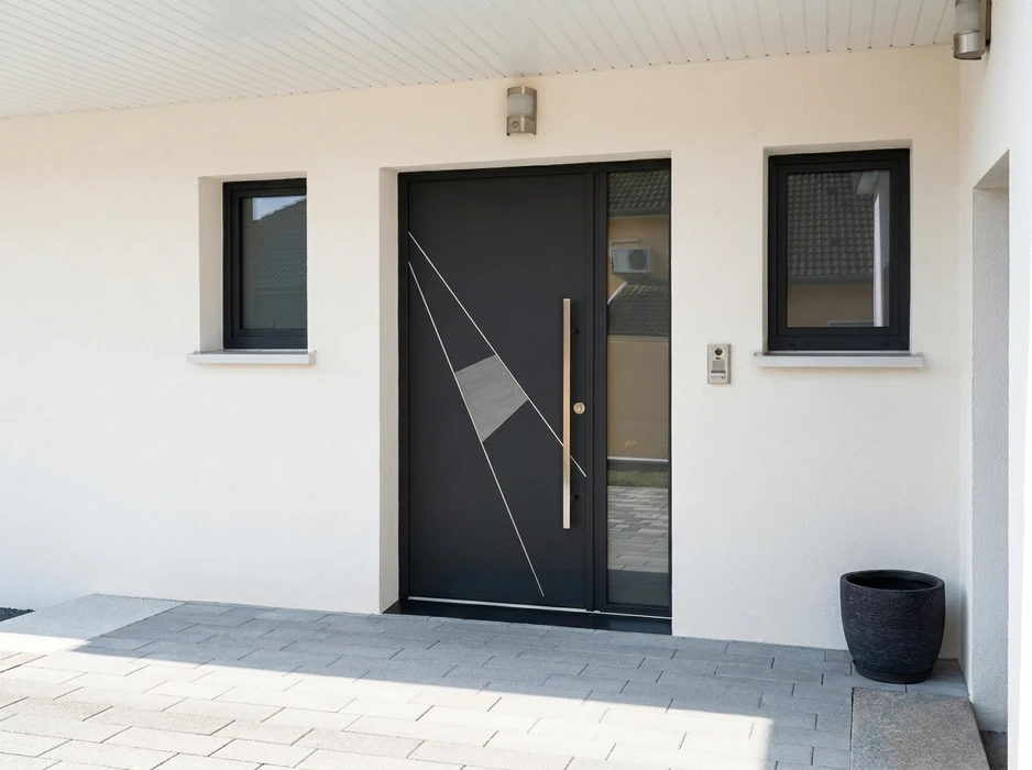 Entrée de maison contemporaine, façade blanche avec porte d'entrée design anthracite à panneau aluminium