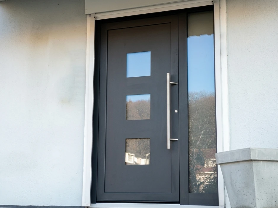 Entrée extérieure d'un bâtiment commercial moderne, porte métallique grise entrouverte sous un auvent plat