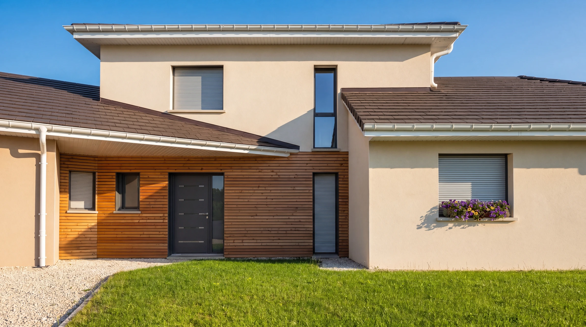 Façade de maison moderne avec volets roulants électriques gris anthracite en position fermée