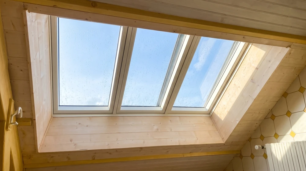 Véranda intérieure avec structure en bois lamellé-collé, toiture à deux pans avec faîtage apparent, lambris blanc en sous-face