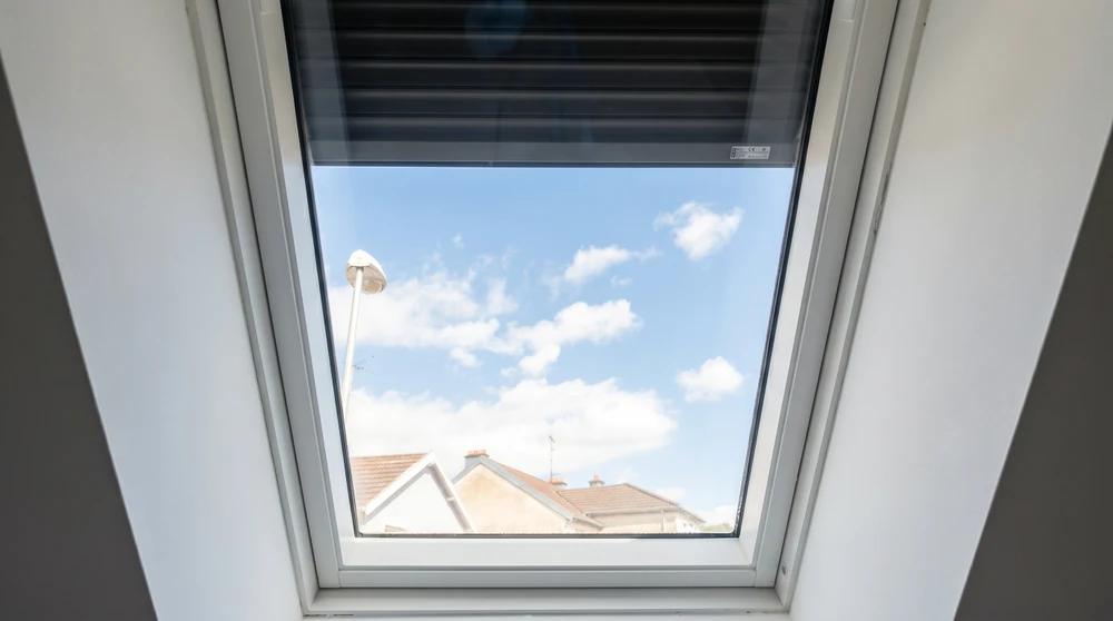 Véranda intérieure avec structure en bois lamellé-collé, toiture à deux pans avec faîtage apparent, lambris blanc en sous-face