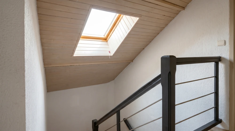 Véranda intérieure avec structure en bois lamellé-collé, toiture à deux pans avec faîtage apparent, lambris blanc en sous-face